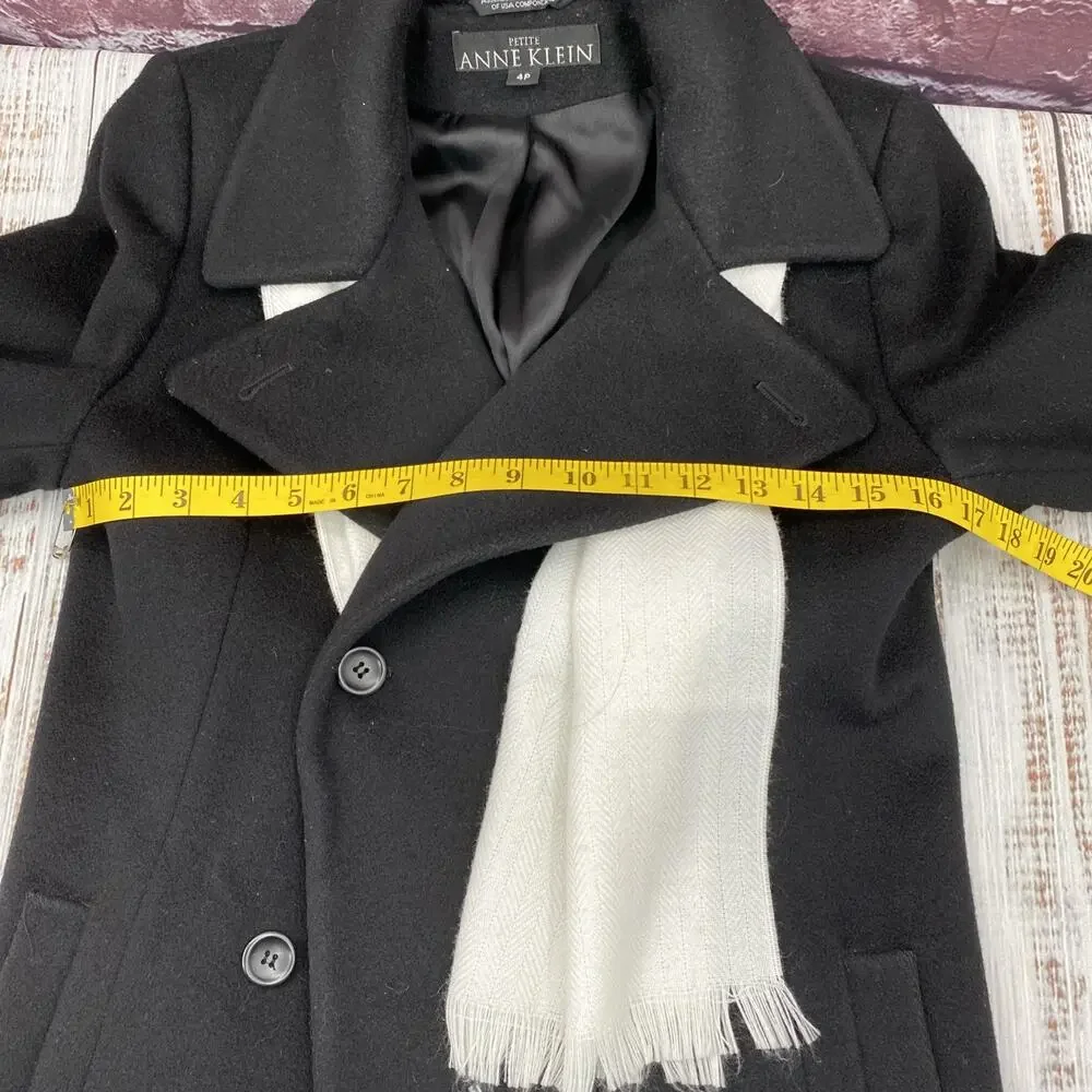 Anne Klein Petite 100% Wool Peacoat Double Breasted Black Size 4P with Scarf